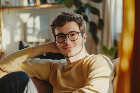 A fashionable young Caucasian man with modern glasses sits on a couch in a bright cozy living room smiling at the camera in a cheerful retro vibe