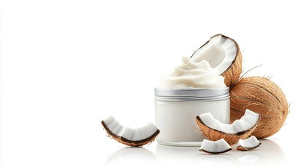   A jar of whipped cream next to a halved coconut on a white background, with a halved coconut by its side