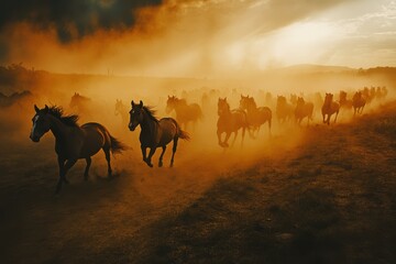 A group of galloping horses creates a dust cloud