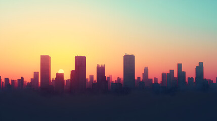 Fototapeta premium Simple skyline of tall buildings at sunset.