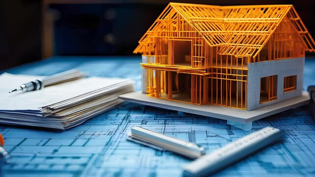 Architectural house model with construction blueprint detailed residential design building framework engineering project