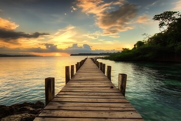 Fototapeta premium Wooden pier leading out to the sea at sunset with colorful sky and clouds. Calm water and tropical island in the distance.
