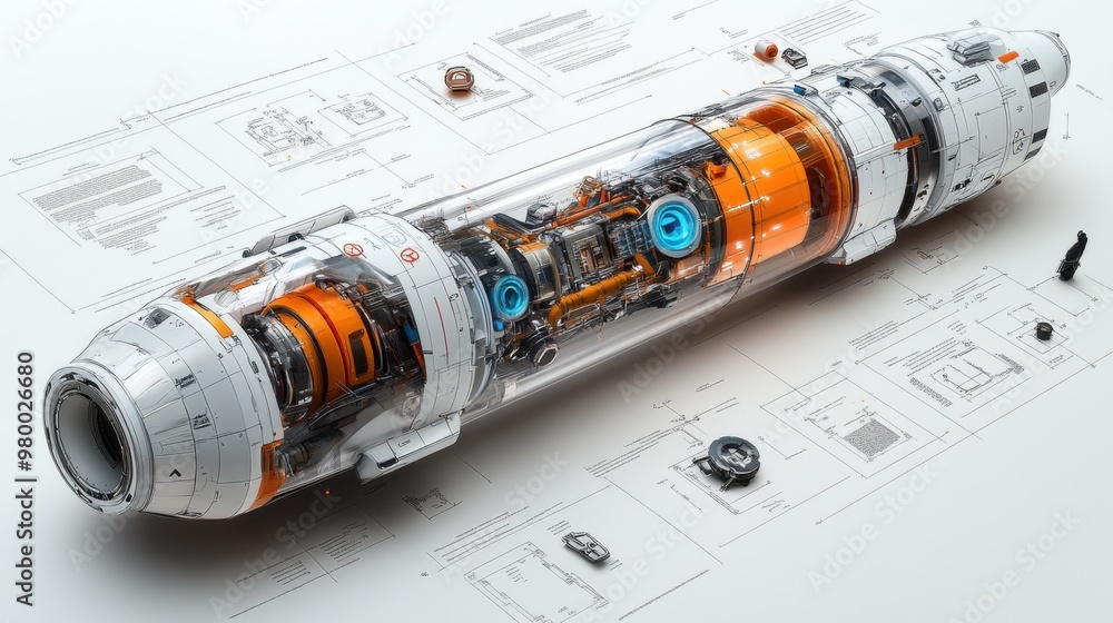 Aufkleber creative futuristic space capsule with technical blueprints and high-tech components.