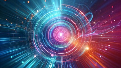 Obraz premium Futuristic digital tunnel with neon lights and glowing circles