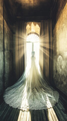 Bride in sunlight wearing gown and wedding veil with sunbeams illuminating bridal dress