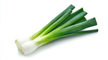   A detailed view of several green onions against a white backdrop, with cuts at the edges of the frame