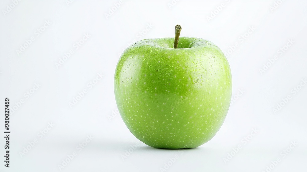 Sticker a green apple with a bite taken out of its center, set against a white backdrop