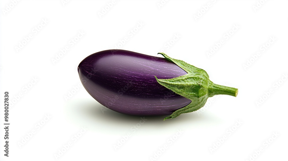 Poster purple eggplant on white background with green leaf