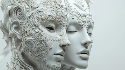 A close-up of two intricate, surreal white masks with detailed patterns, evoking a sense of mystery, art, and fantasy.