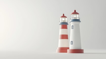 Two minimalist model lighthouses with red and white stripes, placed against a soft neutral background, evoking a nautical theme.