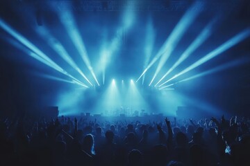 A packed concert venue with blue stage lights rock performance and silhouetted dancers at a festival