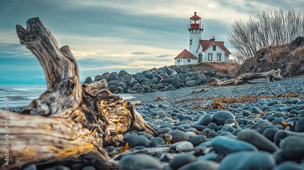 Wall mural a lighthouse perched atop a rocky seashore, surrounded by water and a nearby tree stump