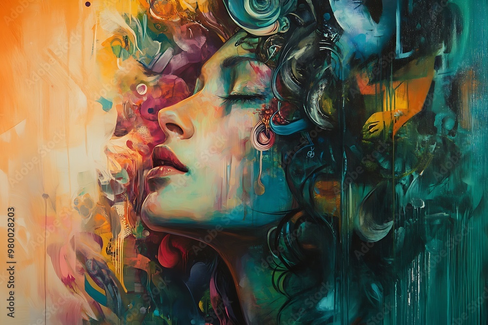 Poster abstract portrait of a woman with colorful patterns and shapes