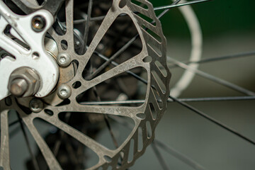 Rotor, brake disk on a bicycle wheel, close up