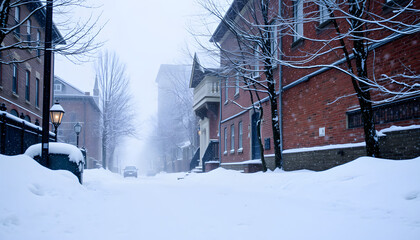 Alley in snowy morning isolated with white highlights, png