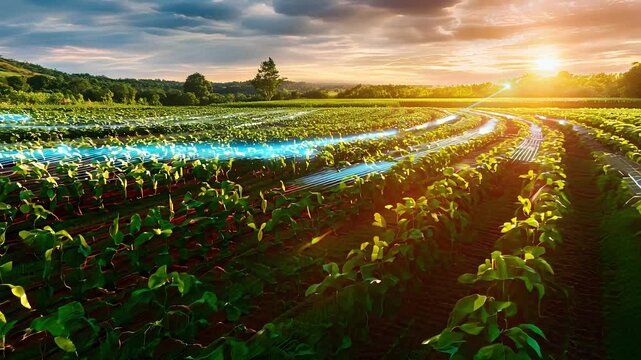 Smart farming field with advanced technology in agriculture sunrise over crops precision agriculture sustainable growth