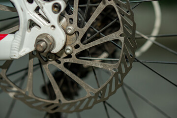 Rotor, brake disk on a bicycle wheel, close up
