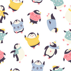 Colorful seamless pattern with cute and funny penguins