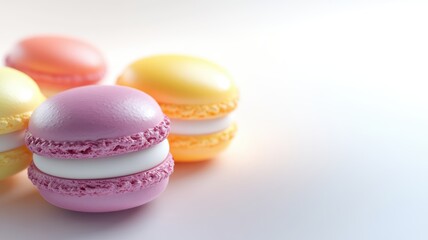 Obraz premium A close-up of pastel-colored macarons in soft hues of pink, yellow, blue, and purple, arranged on a white surface, highlighting their delicate texture.