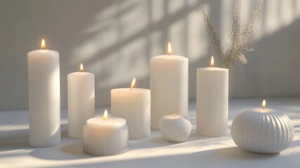 A peaceful arrangement of white candles of various sizes glowing softly in natural light, creating a calm and serene atmosphere with gentle shadows.