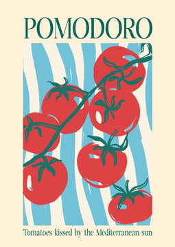 Naklejki Vector poster with Mediterranean tomatoes and short phrase. Tomatoes kissed by the Mediterranean sun. Hand-drawn card isolated on beige background. Tasty food for design, print, fabric or background.
