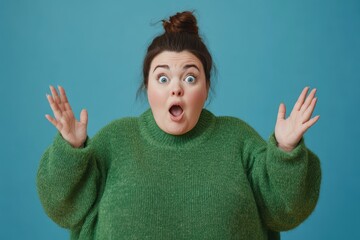 A surprised plus size woman in a green sweater poses with outstretched arms against a plain blue background