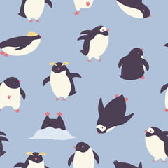 Colorful seamless pattern with cute and funny penguins