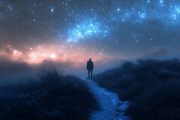 Fototapeta premium Silhouette of man standing on foggy path looking up at starry sky