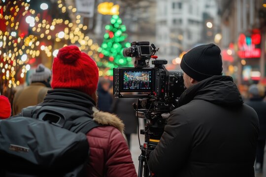 A videographer captures footage of a crowd at a city event with a professional camera while it s being broadcasted on TV