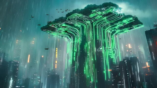 Futuristic green circuit tree structure in cyberpunk cityscape neon lights technological urban environment digital rain