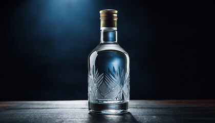 bottle of vodka on a wooden table on a dark blue background with copy space