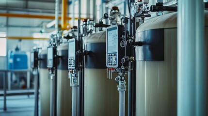 Industrial Tanks with Digital Control Panels and Piping in a Factory