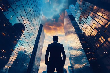 Businessman looking up at city skyline, ambition, motivation, success, future, goals