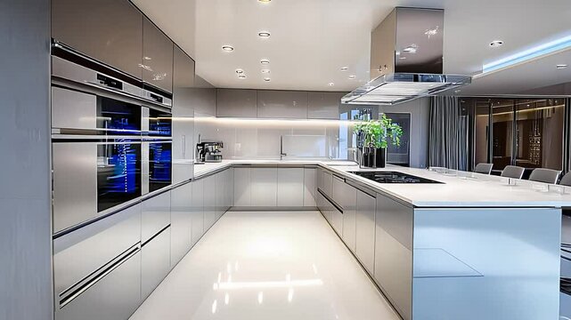 Modern minimalist kitchen interior with sleek appliances contemporary design bright lighting clean white surfaces luxury