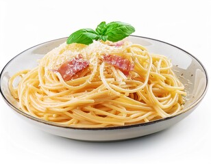 Spaghetti Carbonara with Parmesan Cheese Isolated on White Background, Clipping Path, Full Depth of Field