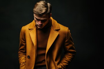 Obraz premium A young man in an ochre coat and turtleneck stands against a dark backdrop hands in pockets gazing down