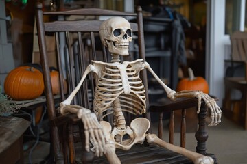 Plastic Halloween Skeleton Sitting in Wooden Rocking Chair