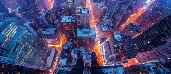 Obraz premium Captivating aerial perspective showcasing the bustling futuristic cityscape at night Towering skyscrapers and vibrant neon lights create a mesmerizing