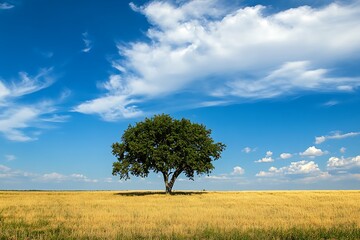 Fototapeta premium Lonely tree in a vast field under a blue sky with fluffy white clouds. Nature landscape photo.
