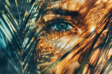 Closeup of a woman's eye with palm leaves, tropical vacation and beauty concept