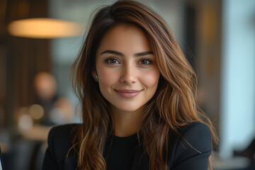 Fototapeta premium Portrait of a Beautiful Woman with Long Brown Hair Smiling
