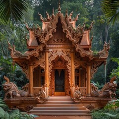 Fototapeta premium Enchanting wooden ornate palace temple with intricate carved spires and roofs nestled in a lush tropical foliage landscape showcasing the cultural and architectural heritage of Southeast Asia