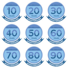 Celebration 10 to 90 Years Anniversary - Blue Seals in Zig Zag Circle with Ribbon.