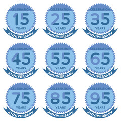 Celebration 15 to 95 Years Anniversary - Blue Seals in Zig Zag Circle with Ribbon.