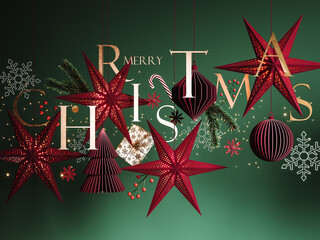 Christmas decoration with text on green background. Creative Merry Christmas greeting card design. 3D Rendering, 3D Illustration