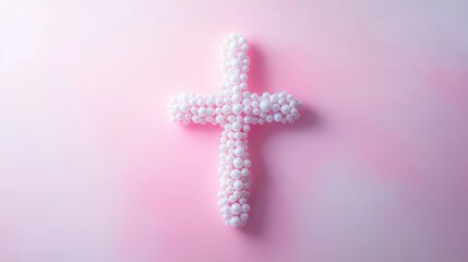 Cross Made of White Beads on a Pink Background. 