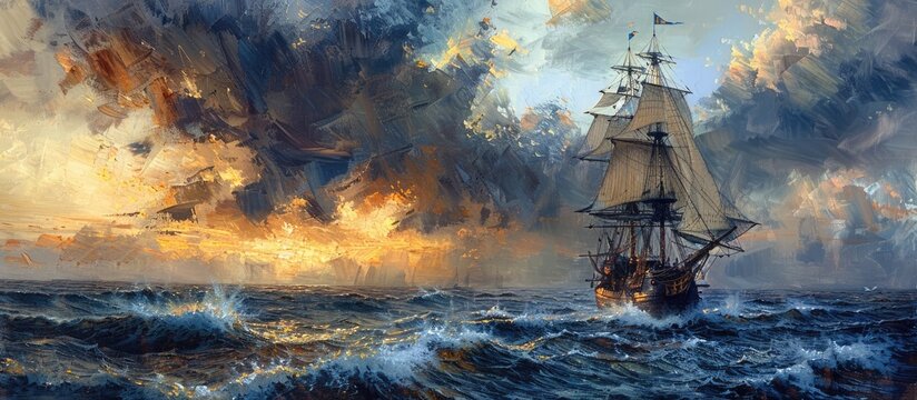 Dramatic historical sailing ship navigating through a turbulent stormy seascape with crashing waves and a dramatic cloudy sunset sky