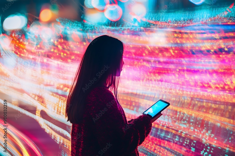 Poster silhouette of woman using smartphone with colorful bokeh lights in background