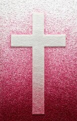 Cross Made of White Beads on a Pink Background. 