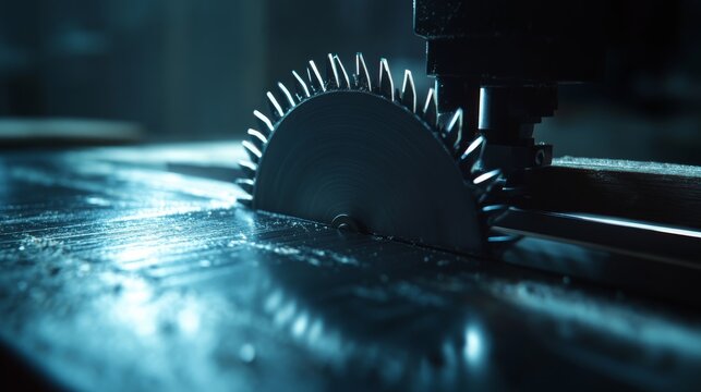 Close-up of a circular saw in a woodworking industry. High-quality circular saw for cutting wood in a woodworking shop.
